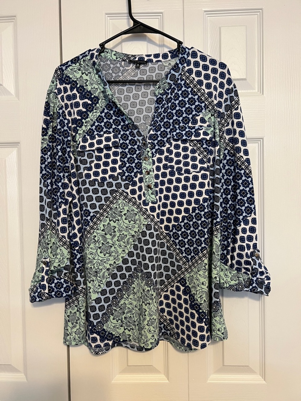 Ava & Grace Mint and Navy Patchwork V-Neck Blouse